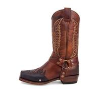 ZhiQin Yellow,10 UK, Men's Brown Leather Western Cowboy Boots, Embroidered Strap-Embellished Square Toe Work & Casual Boots