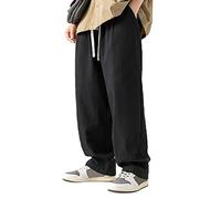 Zhiyao Mens Linen Trousers 3/4 Length Cotton Jogging Bottoms Elastic Waistband Beach Trouser Lounge Lightweight Solid Drawstring Trousers with Adjustable Drawstring Mens Sweatpants Black