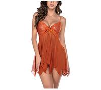 Zhiyao Sexy Negligee Babydoll Irregular Hem Sleepwear Lace Lingerie Dress Nightdress Lingerie Night Dress Sexy Lingerie Sleepwear with G-String, orange, S
