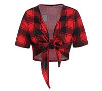 Zhiyao Women's Short Sleeve Tie Crop Top Plaid Bow Knot Bandage T Shirt Women's V-Neck Tunic Long Shirt Tops T-Shirt, red, XL
