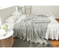 Zhiyuan Knit Lightweight Solid Throw Blanket with Pom Poms Tassel 100 x 150 cm, Light Grey