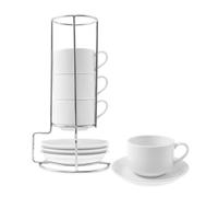 Zhjiutak Porcelain Espresso Cups with Saucers, Ceramic Coffee Cup,70ml Stackable Cappuccino Cups Set of 4 with Metal Stand for Coffee Drinks, Latte, Tea(White)