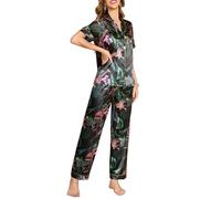 ZHJSHAO Womens Silk Satin Pajama Sets 2 Piece Button Up Floral Pinted Pjs Soft Short Sleeve Sleepwear Long Pants Loungewear, Black Safari Animal, M