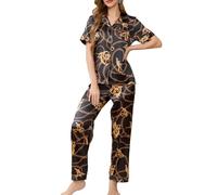 ZHJSHAO Womens Silk Satin Pajama Sets 2 Piece Button Up Floral Pinted Pjs Soft Short Sleeve Sleepwear Long Pants Loungewear, Flowing Gold Bar, L