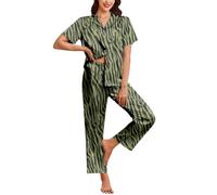 ZHJSHAO Womens Silk Satin Pajama Sets 2 Piece Button Up Floral Pinted Pjs Soft Short Sleeve Sleepwear Long Pants Loungewear, Olive Green Zebra Stripes, S