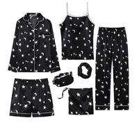 ZHJSHAO Women's Silk Satin Pajamas Set, 7pcs Cami Top Pjs & Button Down Shirt Sleepwear Loungewear with Eye Mask, Stars Black, L