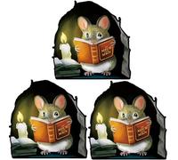 ZHjuju 3 Packs 3D Mouse Hole Wall Stickers - Realistic Mouse Reading Book Wall Decals, Waterproof PVC Wall Art Stickers for Bedroom, Living Room, Nursery Decor, Easy to Apply & Remove, 4 X4 inches