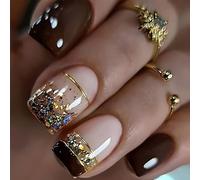 ZHJZFZ 24Pcs Gold Foil Brown Square False Nails, 12 Sizes, Full Cover Stick-on Nails, Half Well Tips