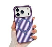 ZHK Designed for iPhone 17 Pro Case with Invisible Magnetic Stand, Cute Aesthetic Striped Pattern Cover for Women Girls Shockproof Protective Stylish Kawaii Phone Case, Purple