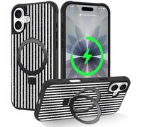 ZHK for iPhone 16 Plus Case with Invisible Magnetic Stand, Black | Cute Aesthetic Striped Pattern Cover, for Women Girls, Shockproof Protective Stylish Kawaii Phone Case