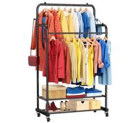 ZHKINGGS Double Clothes Rail Freestanding Clothing Rail on Wheels | Hanging Rails for Clothes,2-Tier Storage Shelves,Portable Garment Rack for Bedroom/Laundry/Boutique,Load 90 KG
