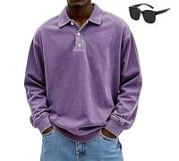 ZHKVAG Vintage Long-Sleeved Polo, Men's Retro Fashion Distressed Washed Cotton Casual Lapel Long Sleeve Polo Shirts (Purple,M)