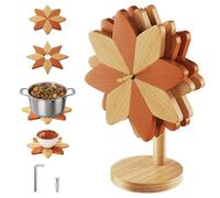 ZHMUZ Wooden Trivet with Stand - Windmill Design Heat Resistant Hot Pad & Table Solid Bamboo Trivets for Kitchen Worktops, 23cm(6 Inches) Diameter Decorative Place Mat, Two-Tone Brown 4-Pack