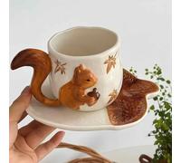 ZHMUZ Woodland Collection Ceramic Tea Set with 3D Squirrel Design, White and Brown Coffee Mug with Matching Plate, Decorative Maple Leaf Pattern Mug Sets