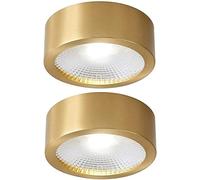 ZHNPJE Gold 2 Pack LED Copper Ultra Slim Round Spotlight Under Cabinet LED Cupboard/Cabinet Light/Downlight in A Hand-Cut H65 Brass Finish Ceiling Light for Living Room, Bedroom