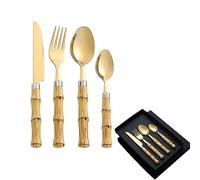zhongguoqiaomao 4-Piece Cutlery Set Stainless Steel Gifts Bamboo Handle Cutlery Set with Fork Knife Spoon Dishwasher Safe (Luxury Matte Gold)