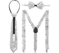 zhonghua Sequin Bow Tie & Suspenders & Tie Set, Sequin Bow Tie & Suspenders Set Suspender Bow Tie Set Clip On Y Shape Adjustable Braces (Silver)