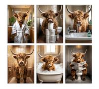 zhongko 6Pcs Highland Cow Wall Art Set, Unframed Highland Cow Canvas Prints, Funny Bathroom Pictures and wall art for bathroom ornaments, 12x8in Toilet Comic Strip Poster for Rustic Bathroom Decor