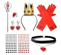 zhongko 8Pcs Accessories for Queen of Hearts, Red Queen Costume Women Includes Crown Earrings Necklace Wand Ring, Red Costume Set for Halloween, Birthday Party, Theme Events