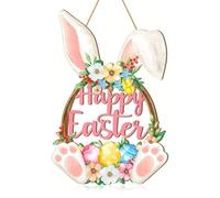 zhongko Easter Decorations Rabbit Door Hanging, Wooden Happy Easter Bunny Sign, Lovely Bunny Egg Decorative Wall Plaque, Welcome Spring Wreath Sign for Easter Tree, Door, Wall, Party Supplies