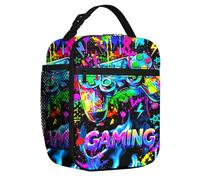zhongko Gaming Lunch Bag, Insulated Lunch Bag with Side Bottle Holder, Neon Graffiti Lunch Box for Boys, Lightweight Leakproof Thermal Cooler Bags for Work School and Picnic