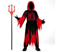 zhongko Grim Reaper Costume for Kids, Halloween Scary Outfit with Red Ghost Fork, Scream Scary Halloween Costumes for Kids, Dark Knight Death Costume for Boys