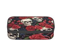 ZHONGSK Big Capacity Pencil Pen Case, Large Pencil Pouch - Cool Skull Head and Roses - School Stationery Organizer Makeup Bag with Zip Compartments for Girls Boys Kids Adults Women Men