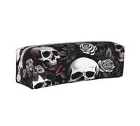 ZHONGSK Leather Pencil Case, Small Pencil Pouch Pen Bag with Zipper, Printed Stationery Pouch Organizer Pencil Box for Kids, Girls,Boys, Teachers and Office Use (Black Floral Skull)