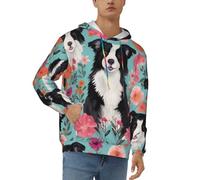 ZHONGSK Men'S Hooded Sweatshirt Border Collie Florals Print Colorful Drawstring Hoodie Pullover Long Sleeve Hoody Casual Tops With Pockets
