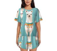 ZHONGSK Women'S Short-Sleeved Pajama Set - Alpaca Llama - Comfortable Nightwear Summer Pjs Set Short Sleeve Top And Shorts With Pockets Drawstring For Casual Wear And Home