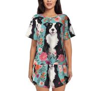 ZHONGSK Women'S Short-Sleeved Pajama Set - Border Collie Florals - Comfortable Nightwear Summer Pjs Set Short Sleeve Top And Shorts With Pockets Drawstring For Casual Wear And Home