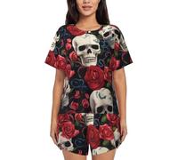 ZHONGSK Women'S Short-Sleeved Pajama Set - Cool Skull Head And Roses - Comfortable Nightwear Summer Pjs Set Short Sleeve Top And Shorts With Pockets Drawstring For Casual Wear And Home