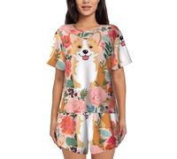 ZHONGSK Women'S Short-Sleeved Pajama Set - Corgi Floral Flowers Spring Garden - Comfortable Nightwear Summer Pjs Set Short Sleeve Top And Shorts With Pockets Drawstring For Casual Wear And Home