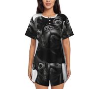 ZHONGSK Women'S Short-Sleeved Pajama Set - Cute Black Pug Dog - Comfortable Nightwear Summer Pjs Set Short Sleeve Top And Shorts With Pockets Drawstring For Casual Wear And Home