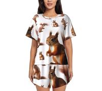 ZHONGSK Women'S Short-Sleeved Pajama Set - Cute Squirrel - Comfortable Nightwear Summer Pjs Set Short Sleeve Top And Shorts With Pockets Drawstring For Casual Wear And Home