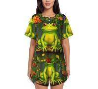 ZHONGSK Women'S Short-Sleeved Pajama Set - Frog - Comfortable Nightwear Summer Pjs Set Short Sleeve Top And Shorts With Pockets Drawstring For Casual Wear And Home