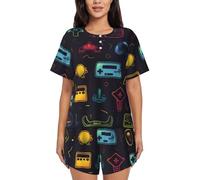 ZHONGSK Women'S Short-Sleeved Pajama Set - Game Video Gaming Pattern - Comfortable Nightwear Summer Pjs Set Short Sleeve Top And Shorts With Pockets Drawstring For Casual Wear And Home