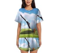 ZHONGSK Women'S Short-Sleeved Pajama Set - Golf Club - Comfortable Nightwear Summer Pjs Set Short Sleeve Top And Shorts With Pockets Drawstring For Casual Wear And Home