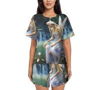 ZHONGSK Women'S Short-Sleeved Pajama Set - Lake Fairy - Comfortable Nightwear Summer Pjs Set Short Sleeve Top And Shorts With Pockets Drawstring For Casual Wear And Home
