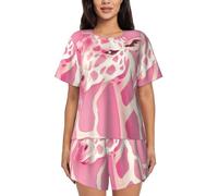 ZHONGSK Women'S Short-Sleeved Pajama Set - Pink Giraffe Texture - Comfortable Nightwear Summer Pjs Set Short Sleeve Top And Shorts With Pockets Drawstring For Casual Wear And Home