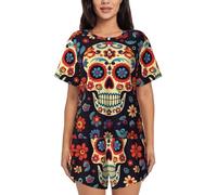 ZHONGSK Women'S Short-Sleeved Pajama Set - Sugar Skulls - Comfortable Nightwear Summer Pjs Set Short Sleeve Top And Shorts With Pockets Drawstring For Casual Wear And Home