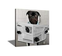 ZHONGYUTONG Funny Bathroom Wall Decor Animal Canvas Poster Print Cute Pug Smoking and Read The Newspaper In The Toilet Painting Picture Home Decoration Contemporary Artwork Framed Ready to Hang