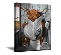 ZHONGYUTONG Funny Toilet Wall Art Highland Cattle Cows are Reading Newspapers in the Toilet Posters Abstract Painting Modern Bathroom Artwork Framed Prints (12"x18" Frame, Bathroom Wall Decor-4)