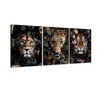 ZHONGYUTONG Jungle Safari Animal Poster Lion Tiger Leopard HD Canvas Print 3 Panel Flower Animals Wall Art Modular Picture Painting for Living Room Bedroom Baby Kids Room Decor (Framed, 12"x16"x3PCS)