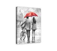 ZHONGYUTONG Romantic Couple Wall Art Lovers Walk on Street with Umbrella and Bicycle Oil Painting Black White Canvas Print Picture Love Theme Home Decor for Living Room Bedroom, Framed (Red, 12"x18")