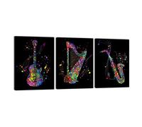 ZHONGYUTONG Saxophone Guitar and Harps with Music Notes Musical Instrument Posters 3 Panel Canvas Wall Art Painting Abstract Graffity Watercolor Music Wall Decor