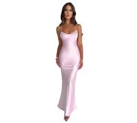 ZHONGZD Women Maxi Dress Satin Strappy Backless Evening Party Dress Pink