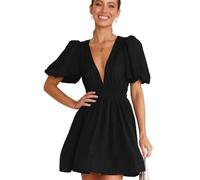 ZHONGZD Women's Summer V-Neck Dress Casual Puff Sleeve A-Line Mini Dress