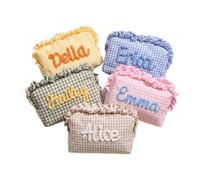 Zhongzhi Custom 3D Rope Name Makeup Bag | Personalized Gingham Ruffle Cosmetic Pouch | Embroidered Checkered Toiletry Bag | Chunky Yarn Name, Silver, No customization, Classic