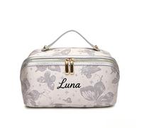 Zhongzhi Personalize Wedding Bridesmaid Pouch, Leather Name Embroidered Makeup Bag,Cosmetic Travel Storage Organizer, Bridal Proposal, Silver, Classic